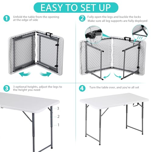 White 4 Foot Plastic Folding Table with Carrying Handle H914