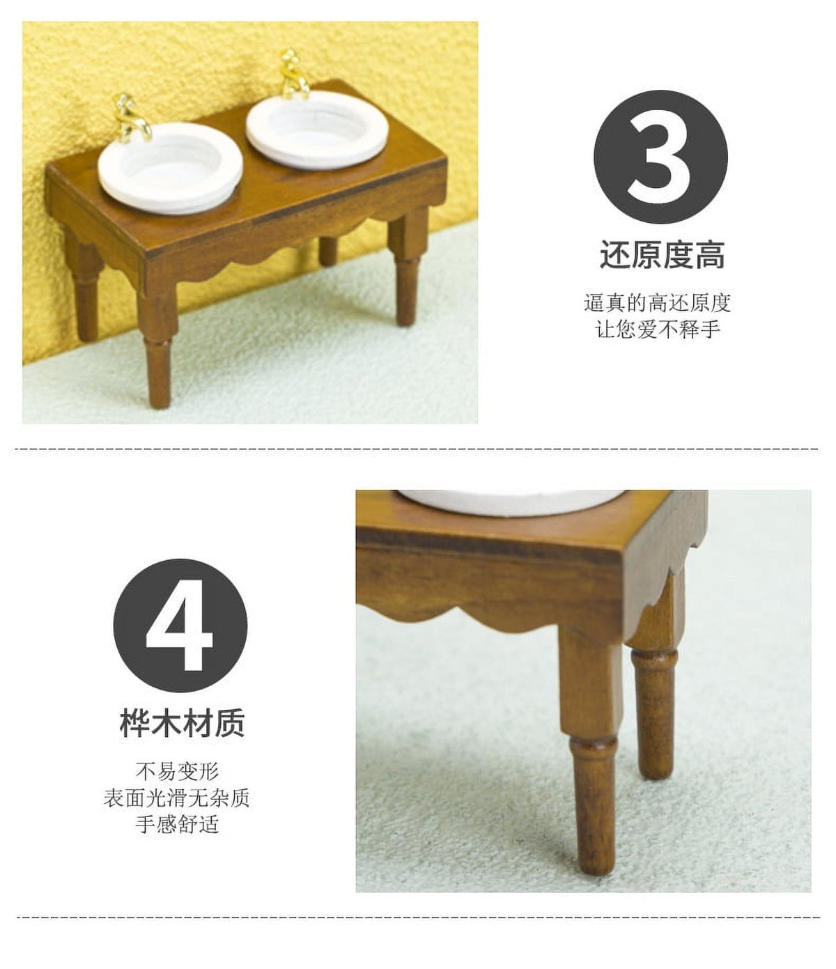Walnut Color Double Basin Wash Sink Dollhouse Miniature Furniture S16893