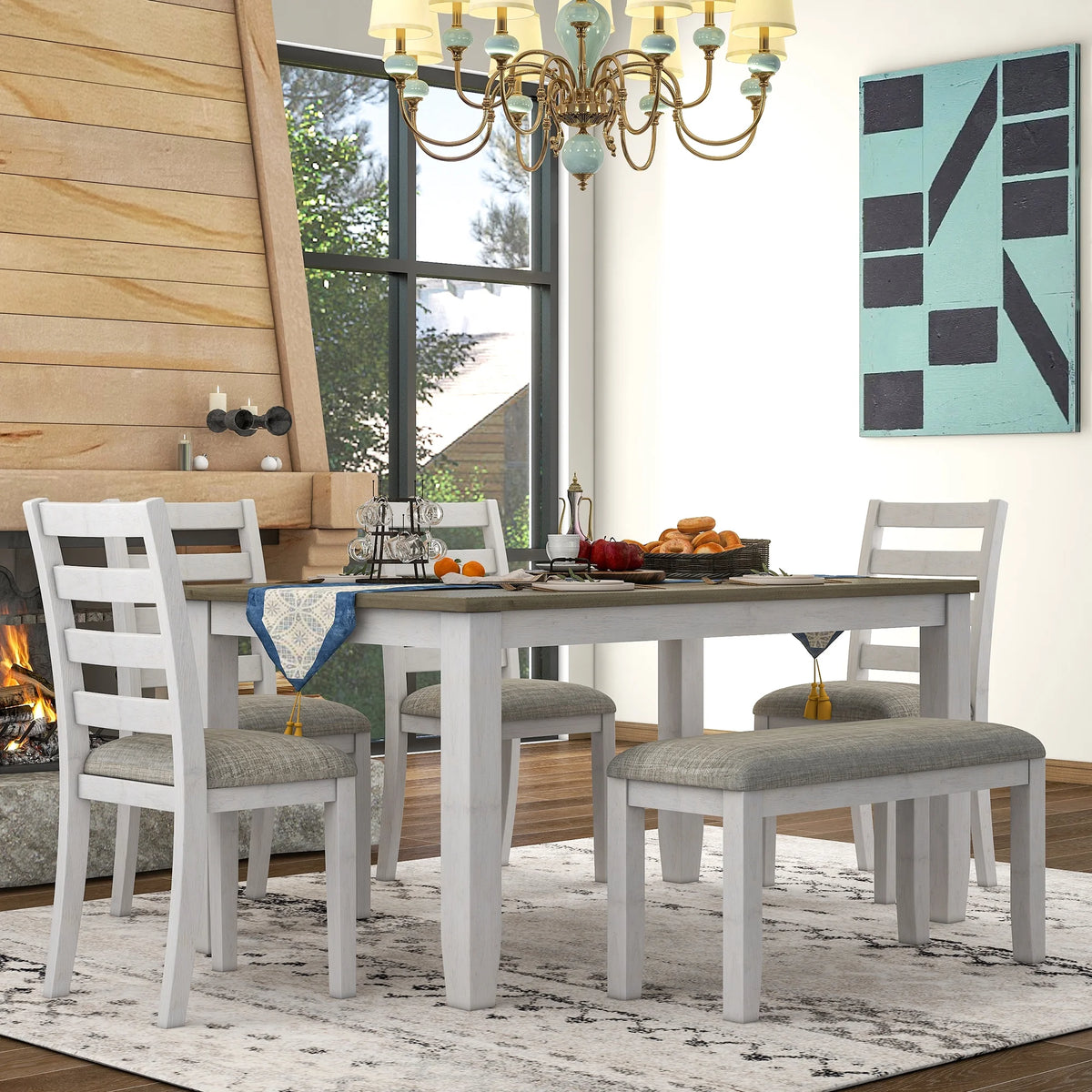 6-Piece Dining Table Set with 4 Upholstered Chairs and Bench Y3280