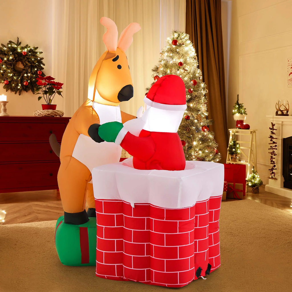5 FT Christmas Inflatable Santa Claus Climbing Chimney Reindeer B19970