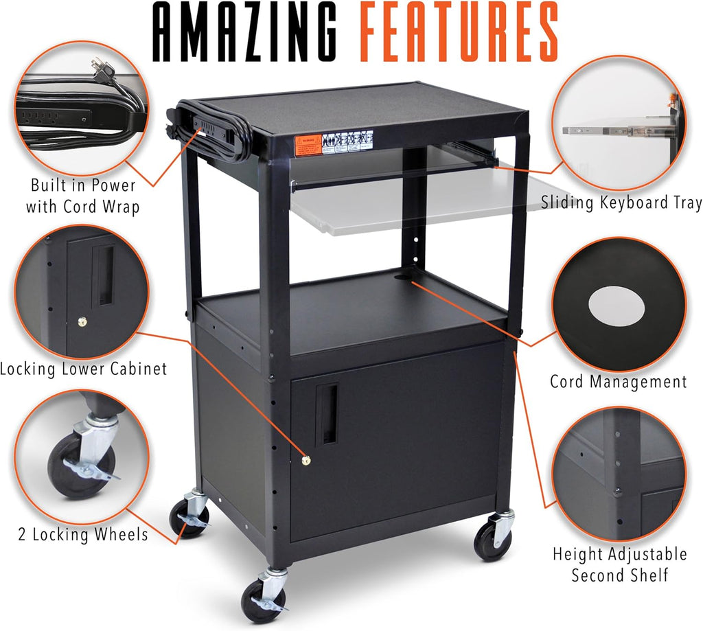 Black Extra Wide AV Cart with Locking Cabinet T96148