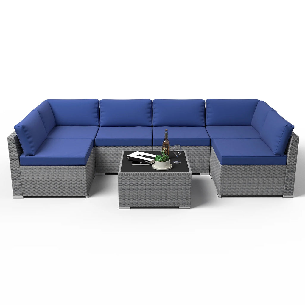 7 Piece Outdoor Wicker Patio Furniture Set with Coffee Table, Dark Blue A4165