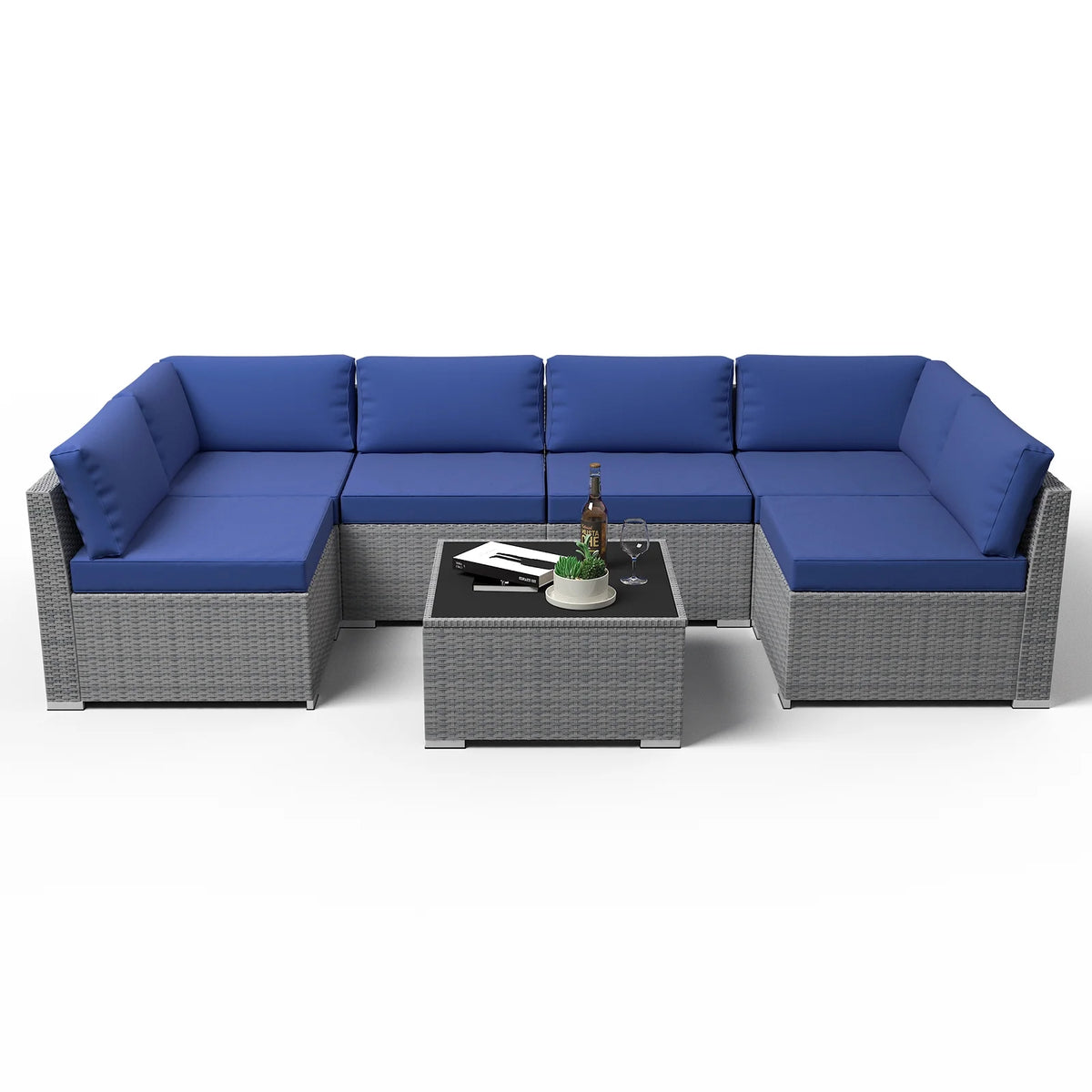 7 Piece Outdoor Wicker Patio Furniture Set with Coffee Table, Dark Blue A4165