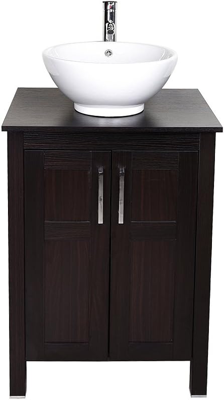 Dark Coffee 24 Inches Single Bathroom Vanity with 2-Door Cabinet and Tempered Glass Sink Top D63213