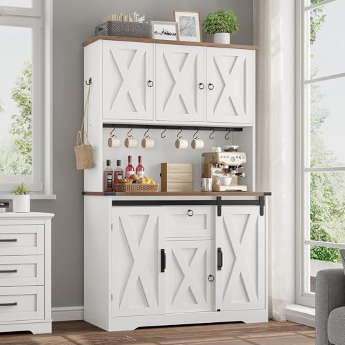White Kitchen Pantry Cabinet with Drawer and Sliding Barn Doors D13456
