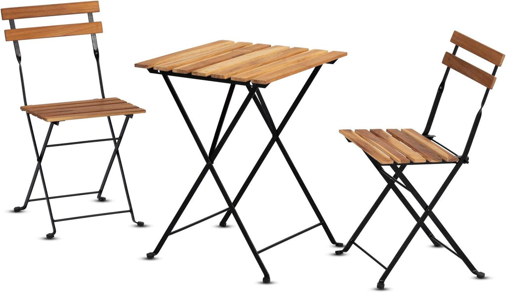 3 Pieces Folding Dining Table Chairs with Teak Wooden Top Anti-Rust Steel Frame Z972