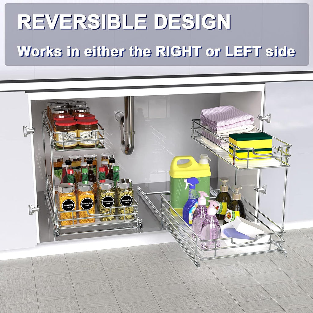 Under Sink Cabinet Organizer with 2 Tier Pull Out Sliding Shelf, 12.2Wx18.1Dx14.5H-Inch - Silver Z78391