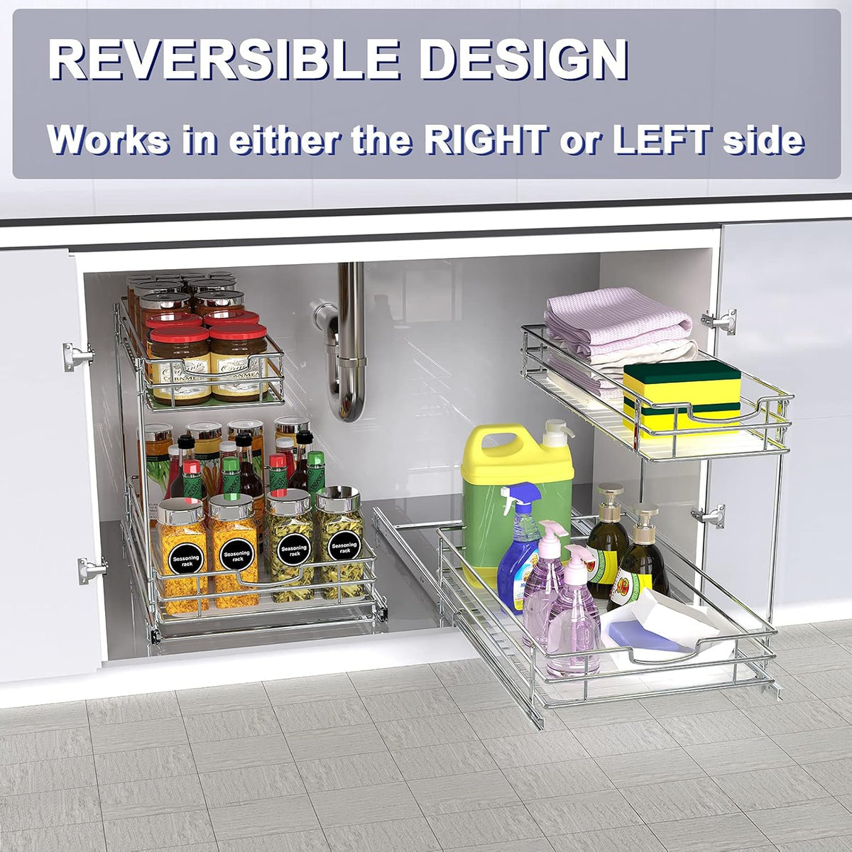 Under Sink Cabinet Organizer with 2 Tier Pull Out Sliding Shelf, 12.2Wx18.1Dx14.5H-Inch - Silver Z78391