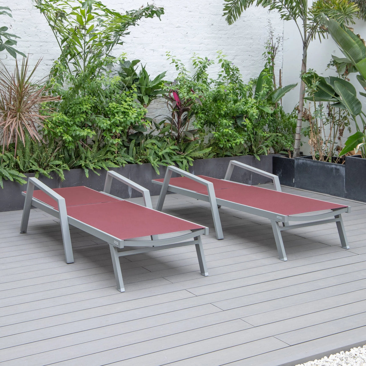 Patio Chaise Lounge Chair with Grey Arms Set of 2 Burgundy B684