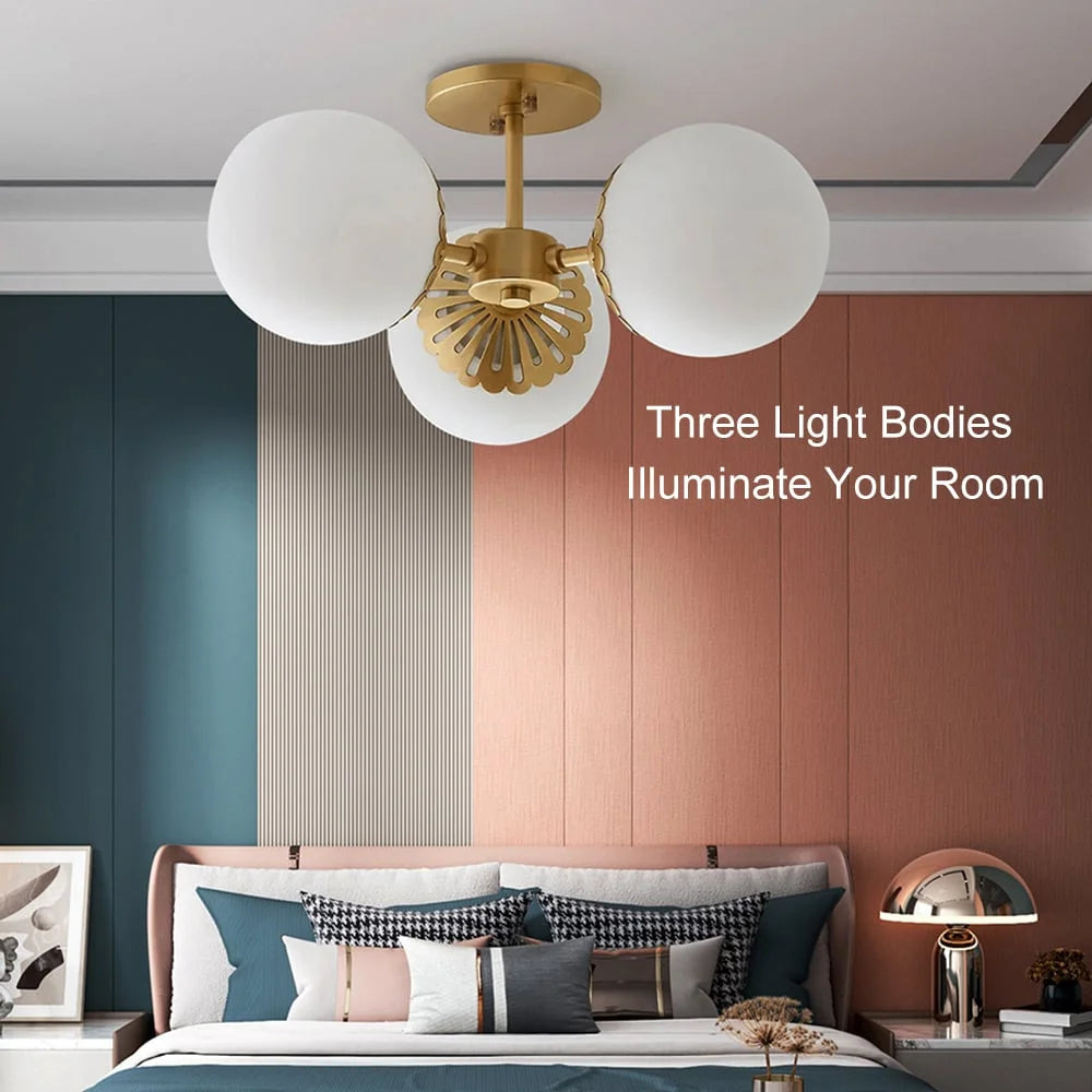 Modern Gold 3-Light Semi Flush Mount Light with White Round Glass Globe Shade J68329