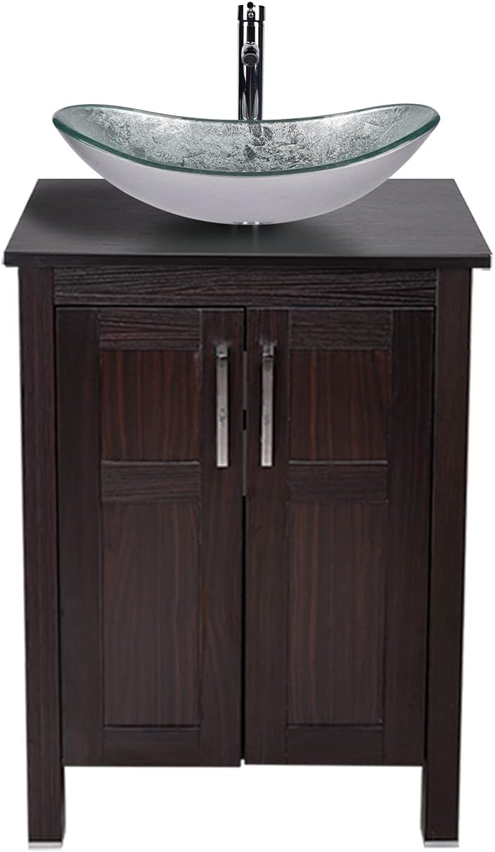 Dark Coffee 24 Inches Single Bathroom Vanity with 2-Door Cabinet and Tempered Glass Sink Top D63213