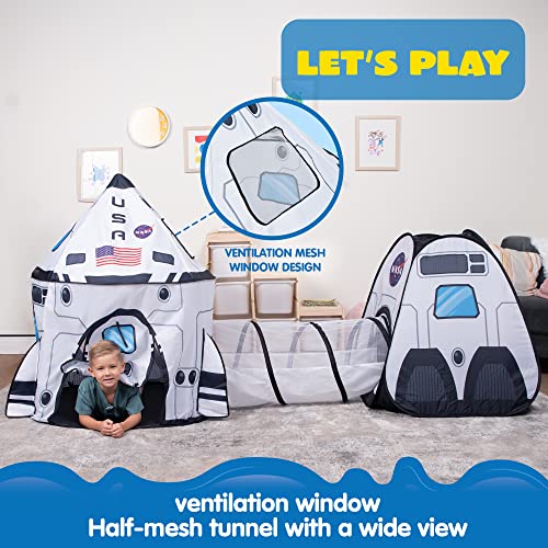 White Rocket Ship Pop up Play Tent with Tunnel and Playhouse Kids Indoor Outdoor Spaceship Tent Set U702861
