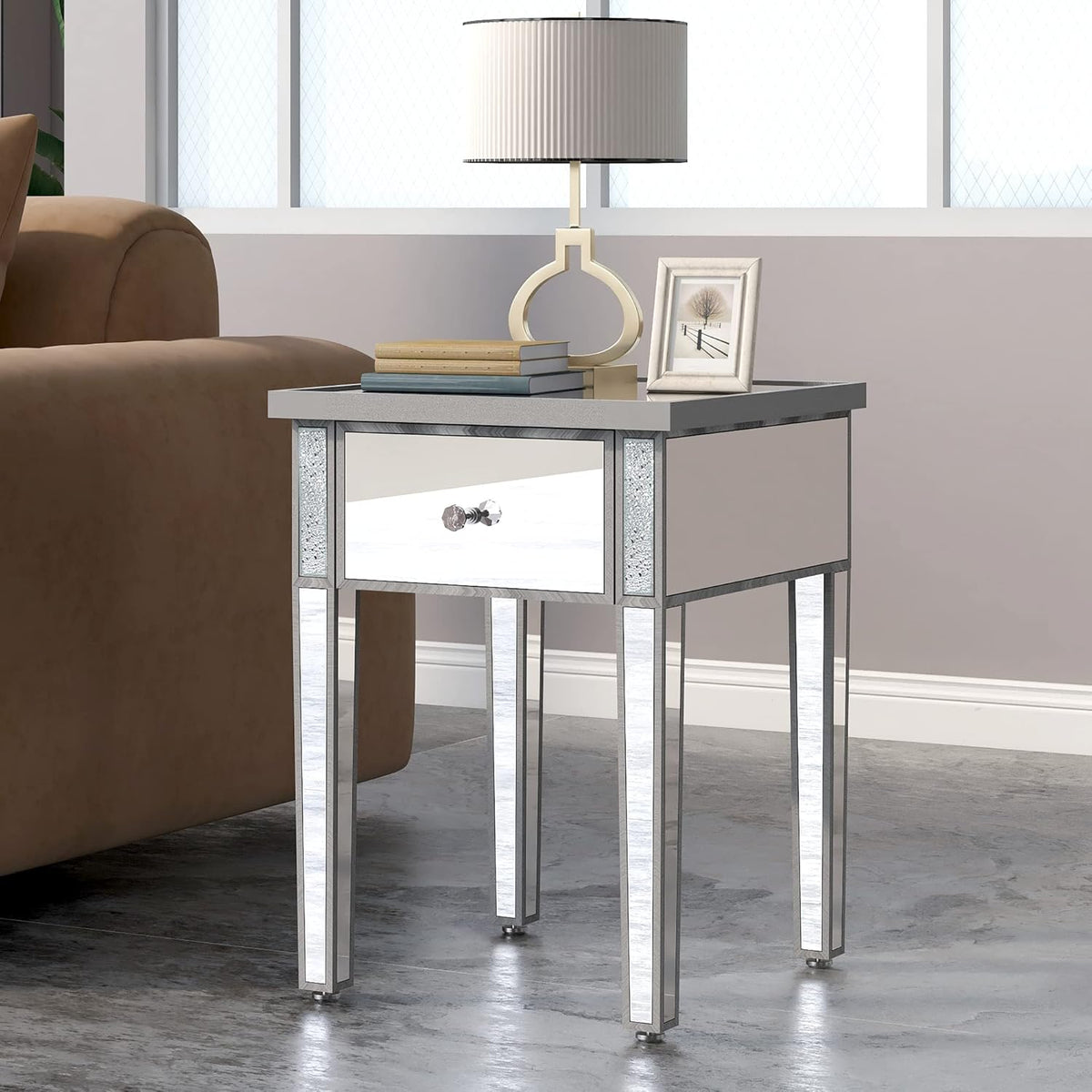 Silver Glass Mirrored End Table with Drawer B939