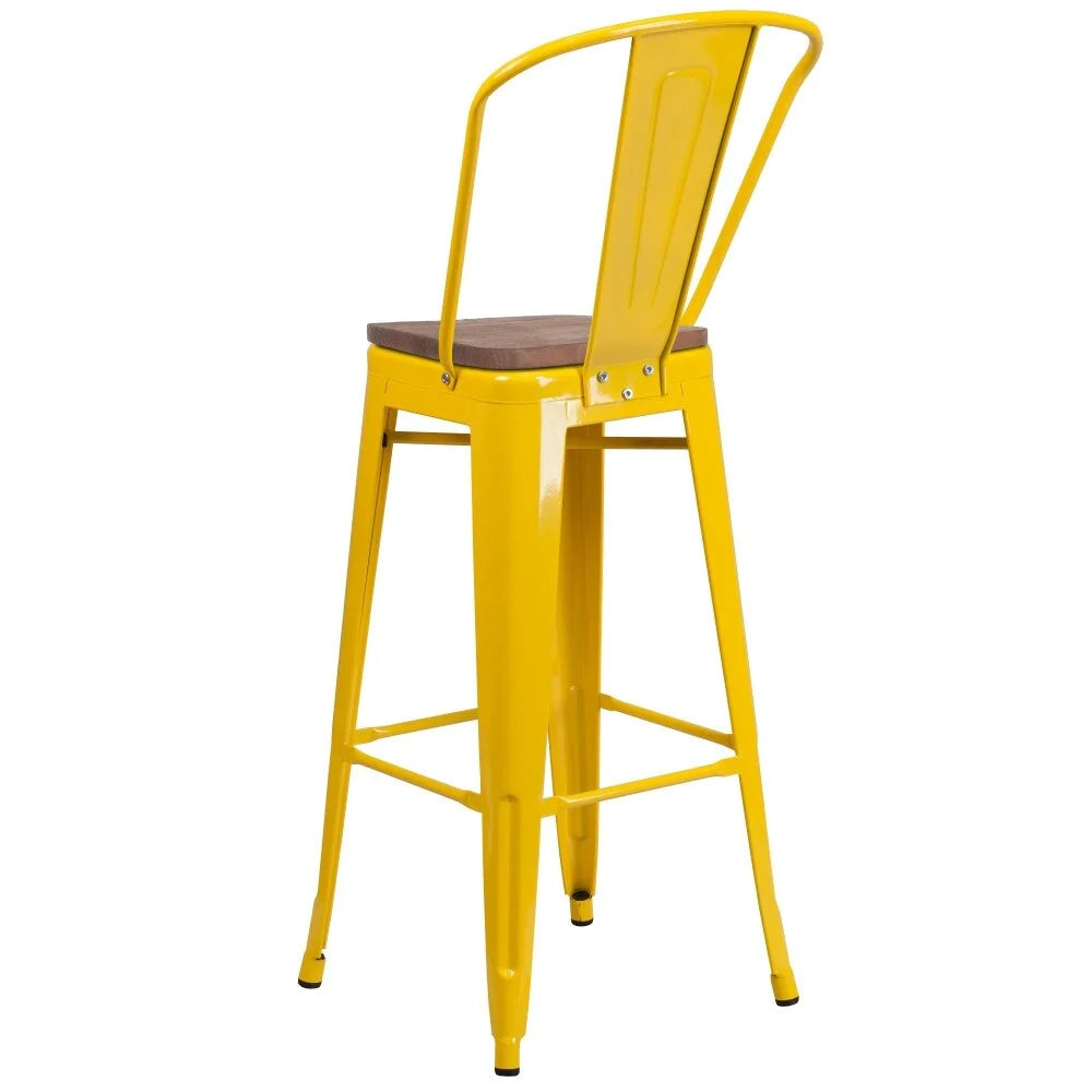 4 Pack 30" High Metal Barstool with Back and Wood Seat Yellow O658482