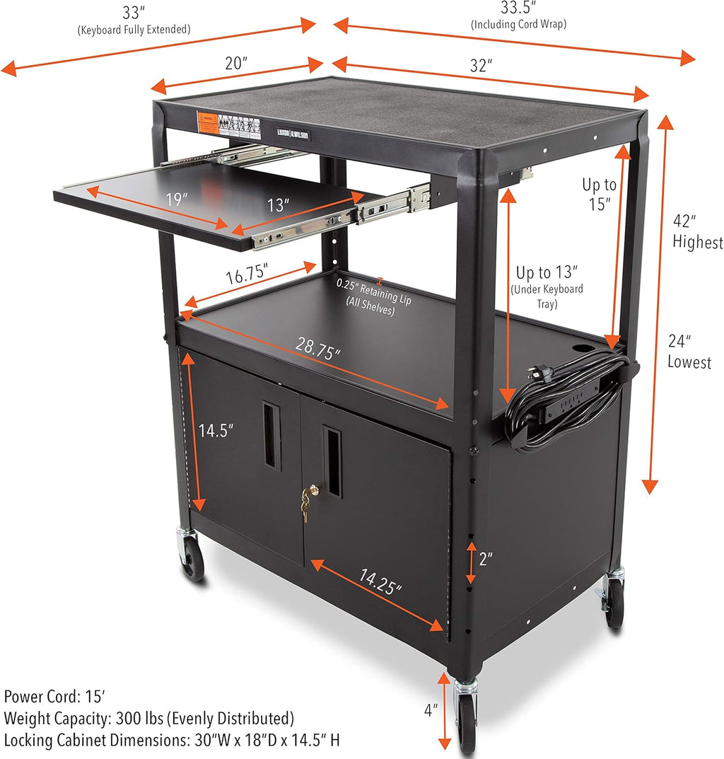 Black Extra Wide AV Cart with Locking Cabinet T96148