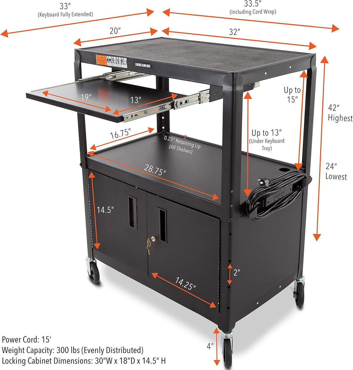 Black Extra Wide AV Cart with Locking Cabinet T96148
