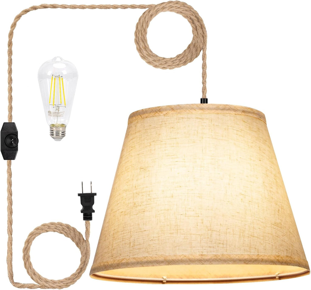 Plug in Pendant Light with Dimmable Switch and 15 ft Hemp Rope Cord T702