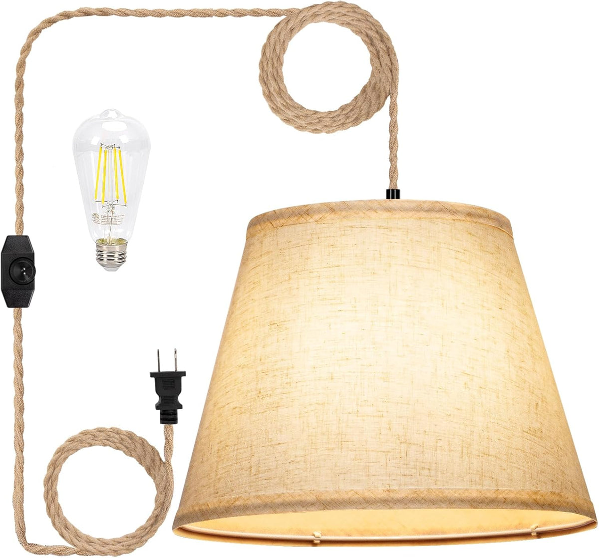Plug in Pendant Light with Dimmable Switch and 15 ft Hemp Rope Cord T702