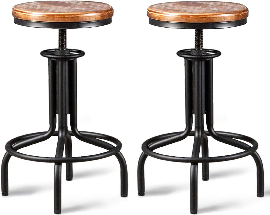 Metal Adjustable Height Bar Stool Set of 2 Black Wooden Top T5726