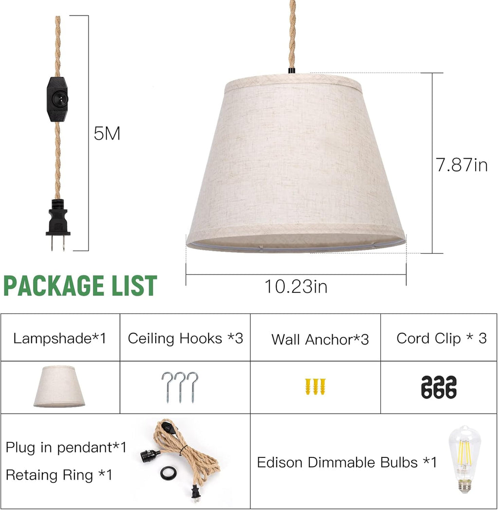 Plug in Pendant Light with Dimmable Switch and 15 ft Hemp Rope Cord T702