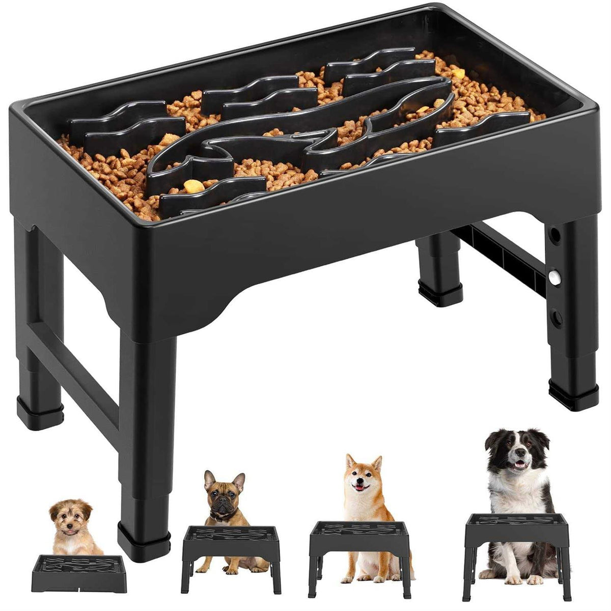 9 Cups Raised Slow Feeder Dog Bowls with 4 Adjustable Heights L374