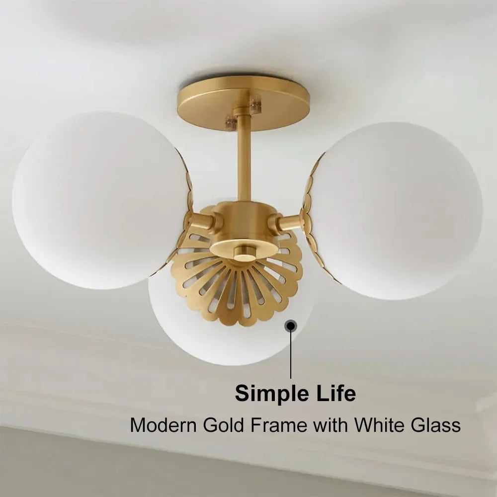 Modern Gold 3-Light Semi Flush Mount Light with White Round Glass Globe Shade J68329