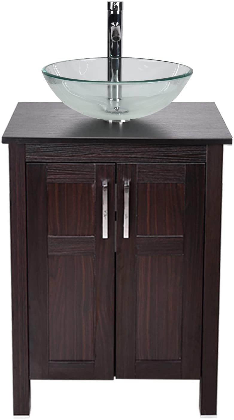 Dark Coffee 24 Inches Single Bathroom Vanity with 2-Door Cabinet and Tempered Glass Sink Top D63213