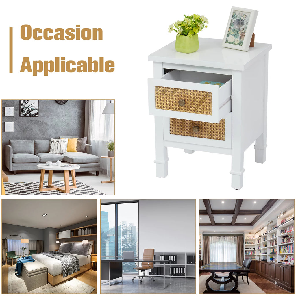 White 2 Drawer Rattan Nightstand Y49696