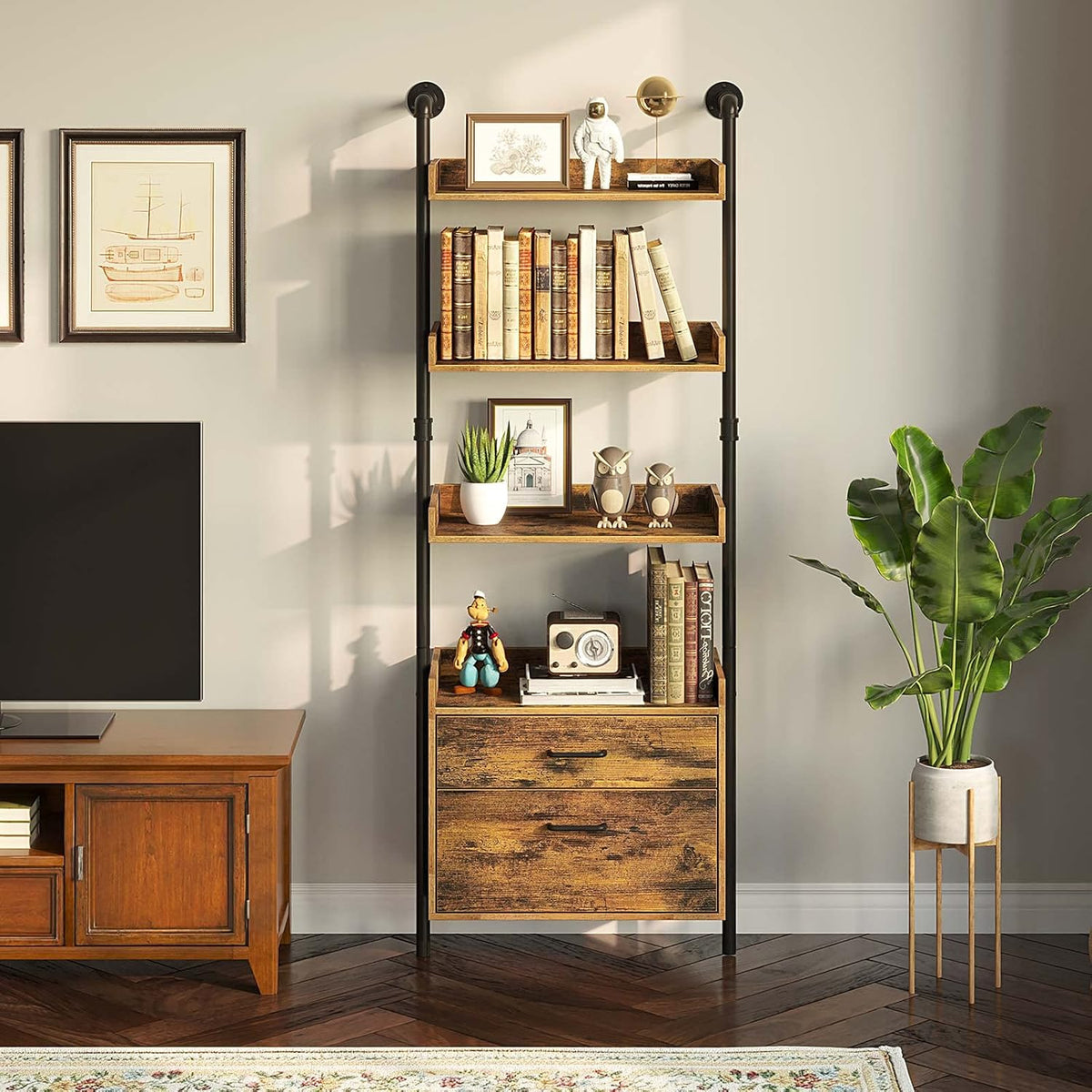 Industrial Bookshelf with 2 Wood Drawers, Wall Mounted 3-Tier Bookcase, Rustic Brown C9893