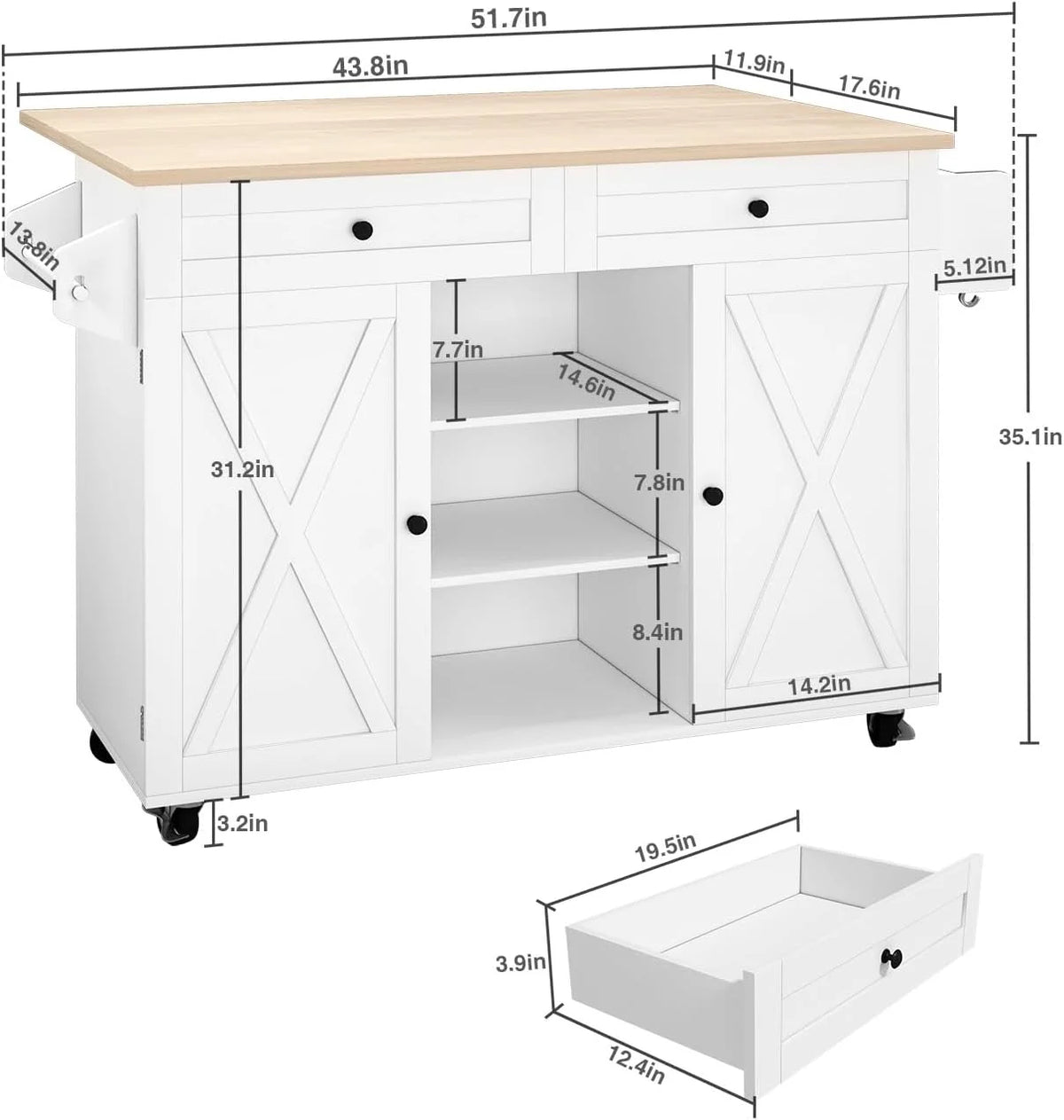 White Kitchen Island with Storage and Drop Leaf I29460