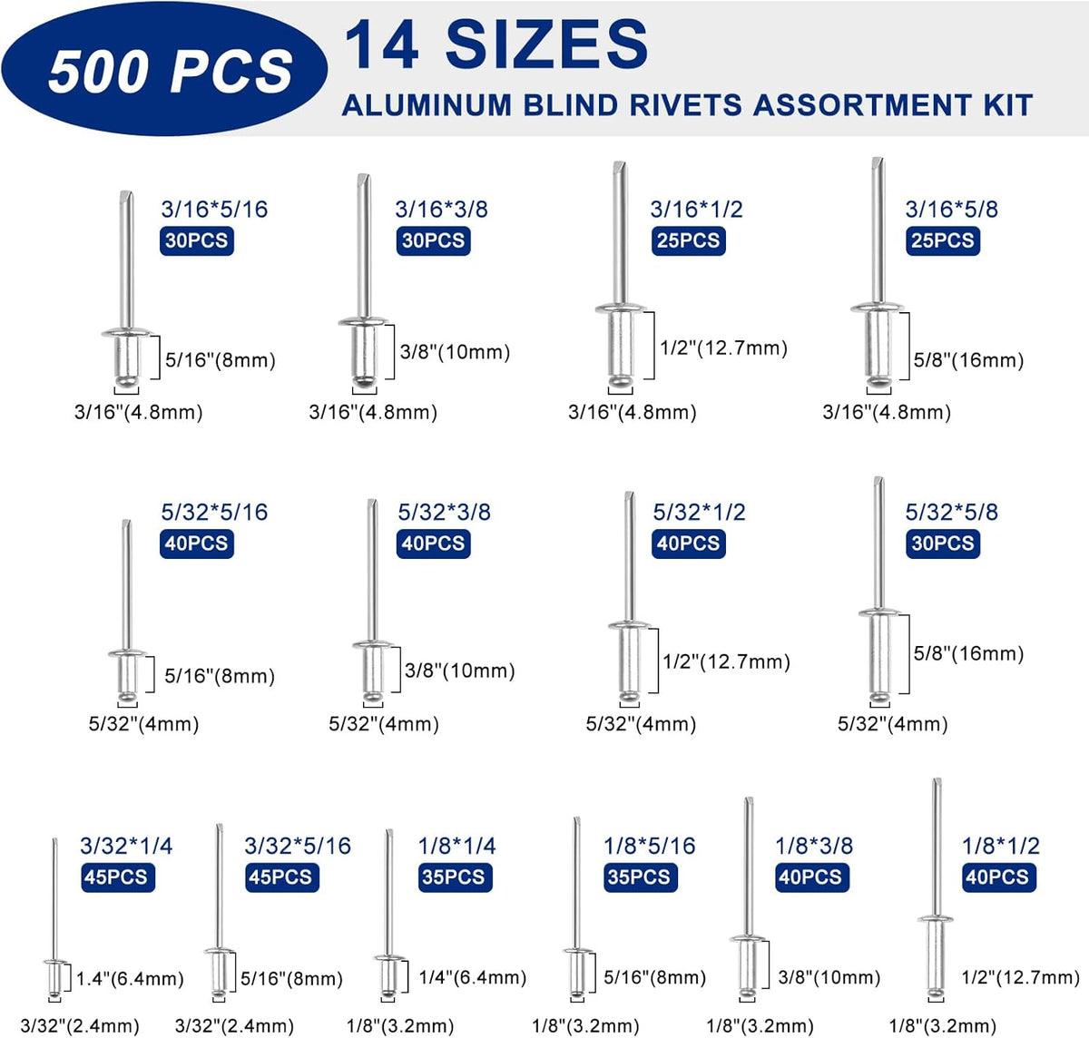 500pcs 14 Sizes Aluminum Blind Rivets Assortment Kit M878295