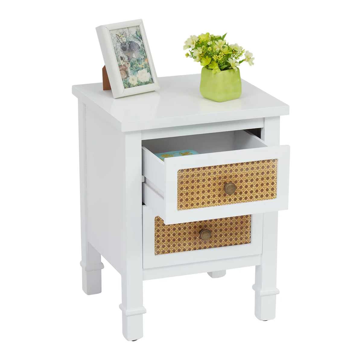 White 2 Drawer Rattan Nightstand Y49696