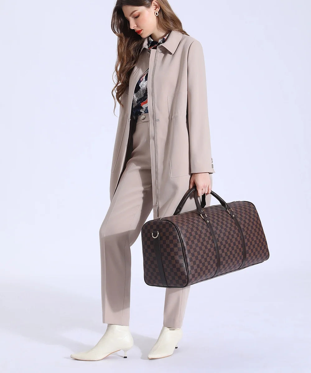 Brown Checkered Travel Duffel Bag Y696520