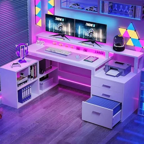 L Shaped Desk with 3 Drawers 65" Corner Computer Desk with Power Outlets & LED Lights White U2418