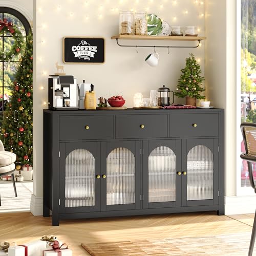 Black 55.1" Wood Buffet Cabinet with 3 Drawers and 4 Doors O69931
