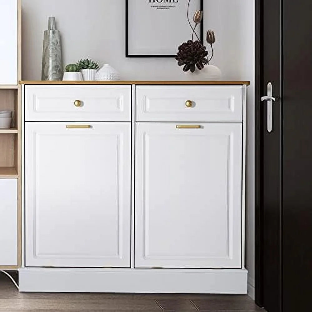 Double Barn Door Style Trash Cabinet with Solid Hideaway Drawer Y297758