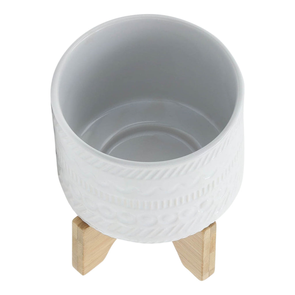 White Ceramic Round Planter with Wood Stand R39906