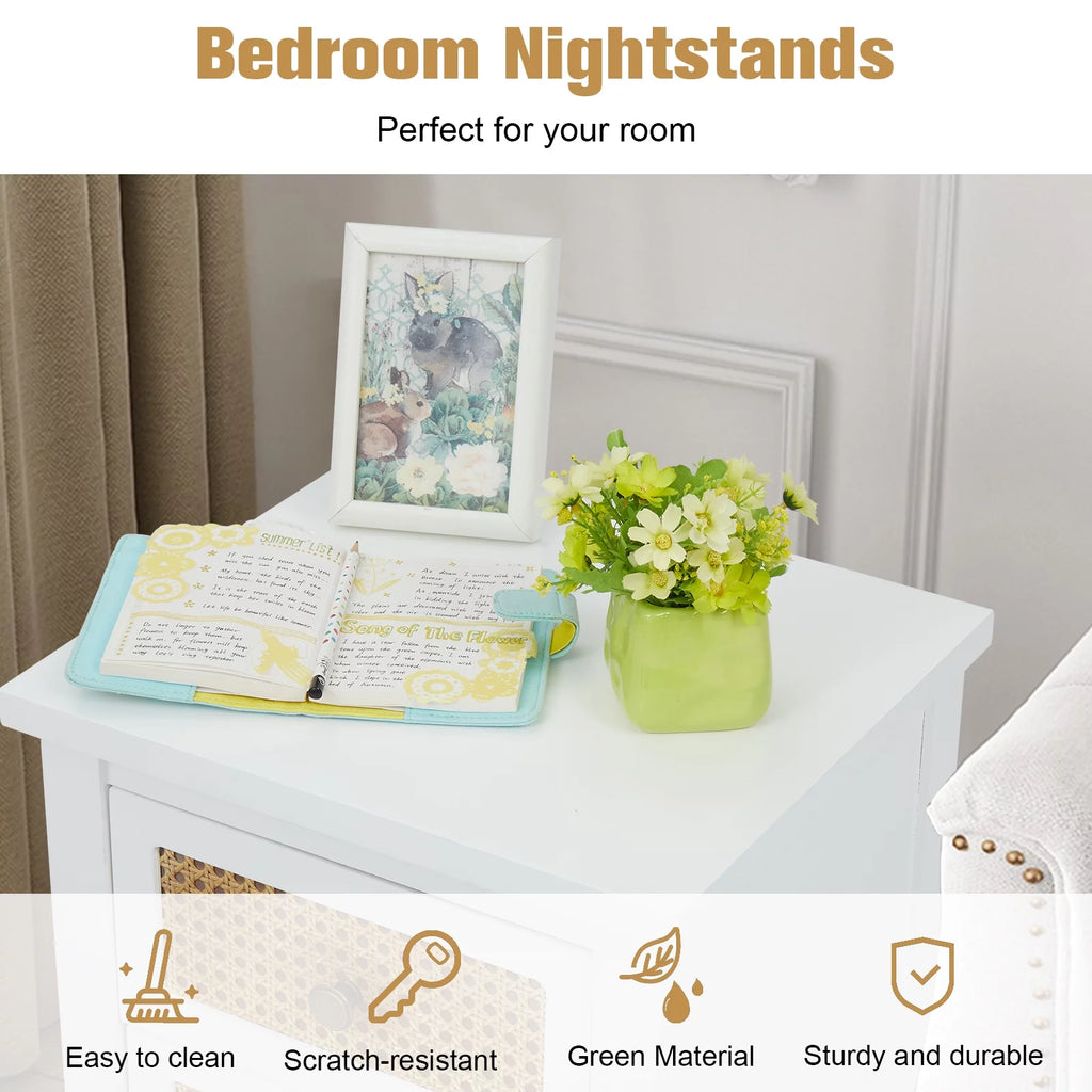 White 2 Drawer Rattan Nightstand Y49696