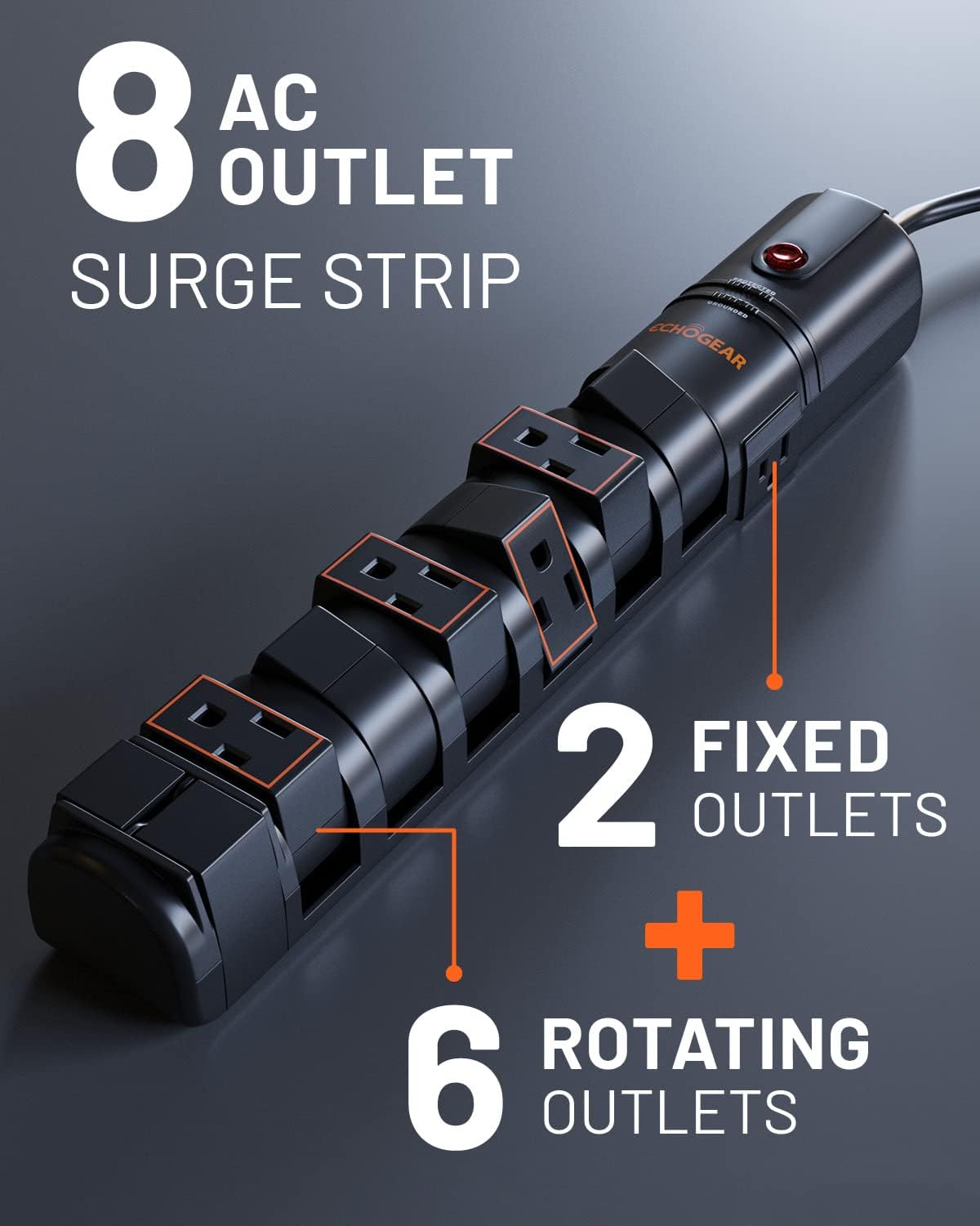 Rotating Outlet Surge Protector 2 Pack with 8 Outlets, Flat Plug, Long Cord, Black V8263