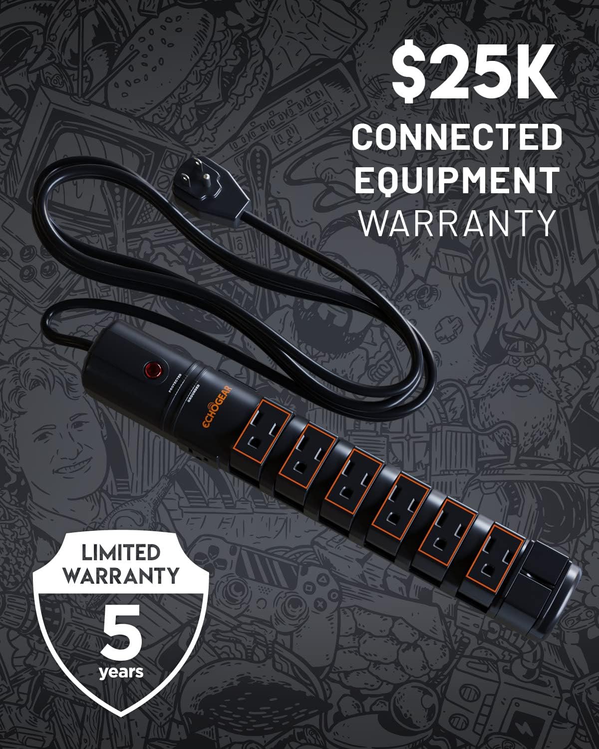 Rotating Outlet Surge Protector 2 Pack with 8 Outlets, Flat Plug, Long Cord, Black V8263