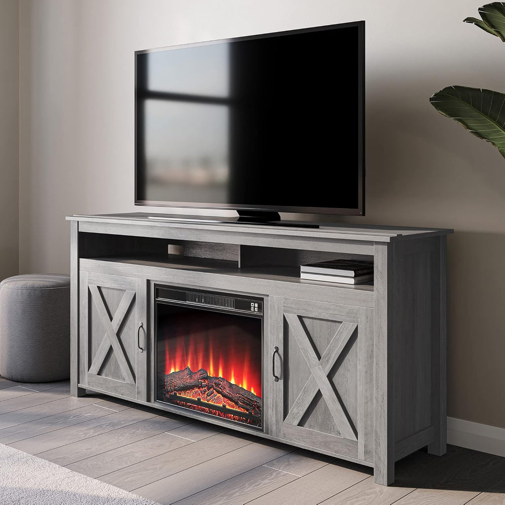 Modern Barn Door Wood Electric Fireplace TV Stand with Two Open Shelves and Cabinets Y69807