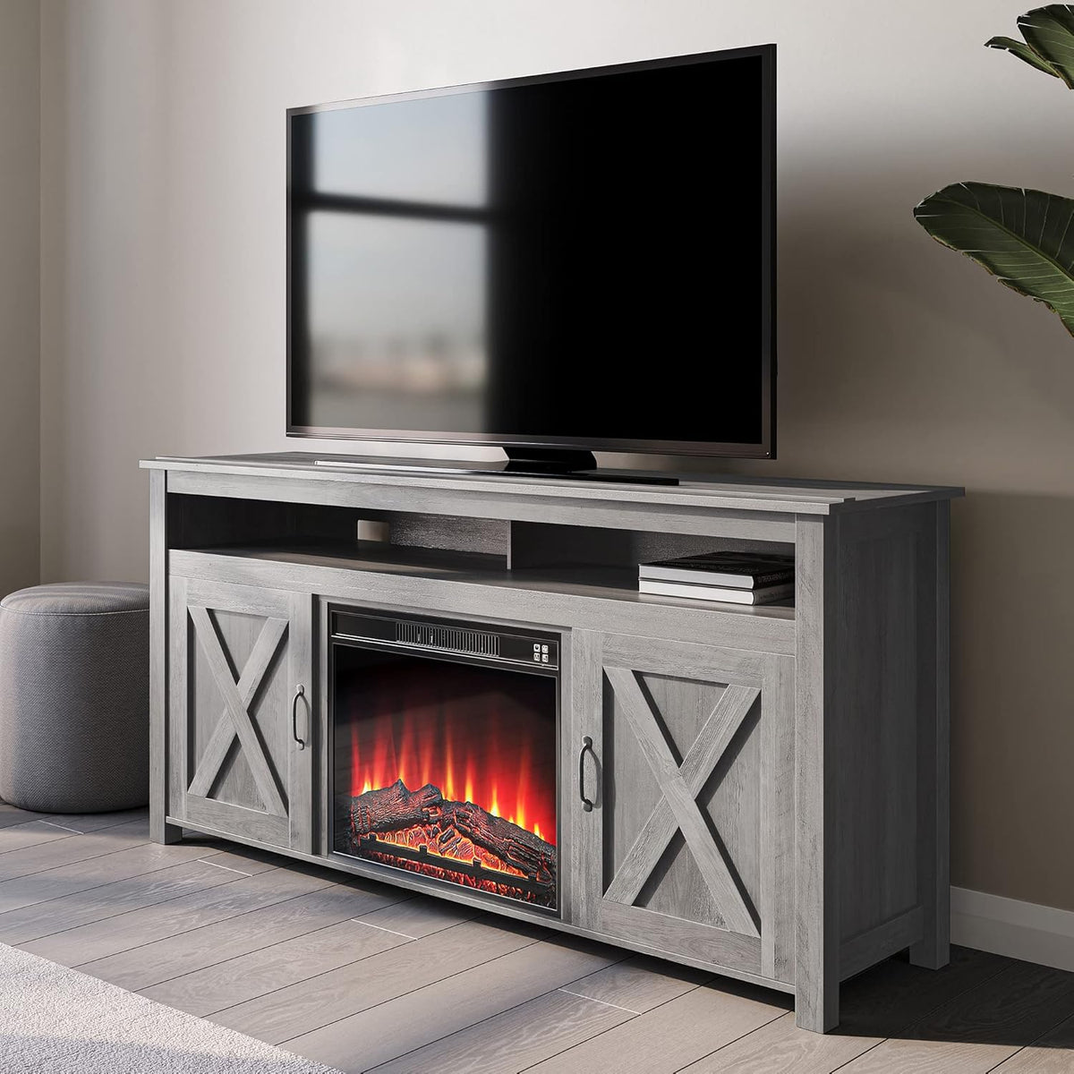 Modern Barn Door Wood Electric Fireplace TV Stand with Two Open Shelves and Cabinets Y69807