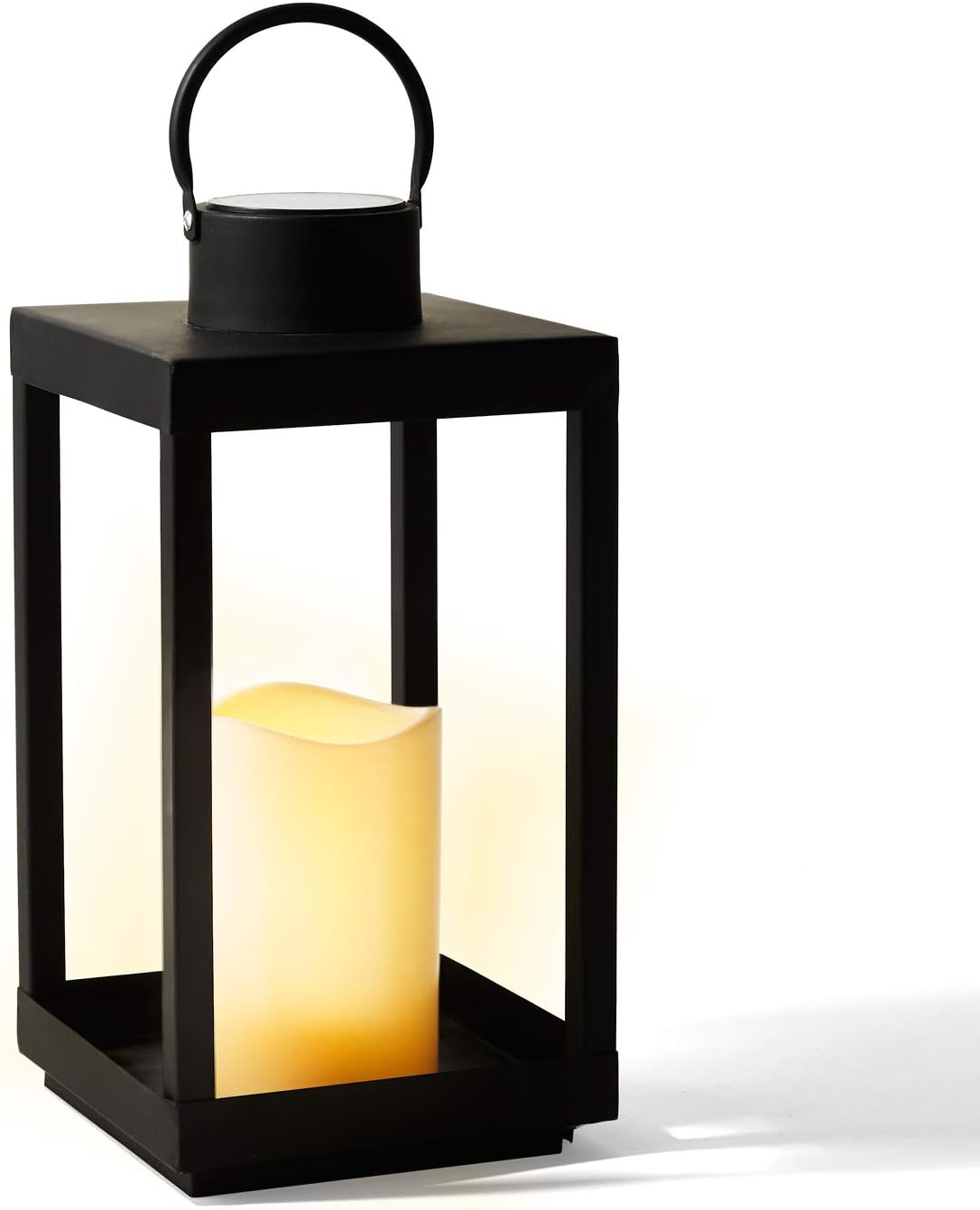 Large Outdoor Lantern with Solar Candle, 18 Inch Tall, Matte Black Metal Frame, Waterproof Flameless Pillar Candle H14894