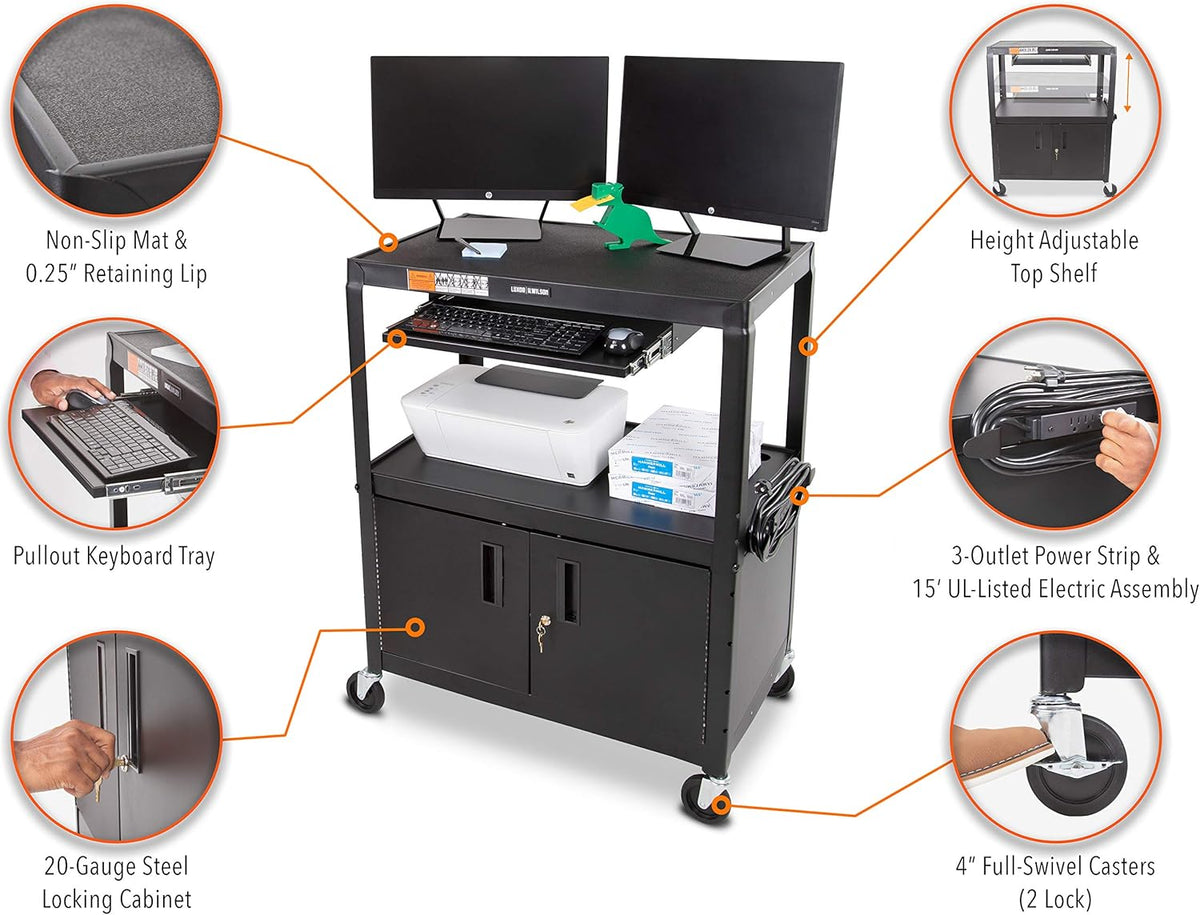 Black Extra Wide AV Cart with Locking Cabinet T96148
