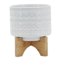 White Ceramic Round Planter with Wood Stand R39906