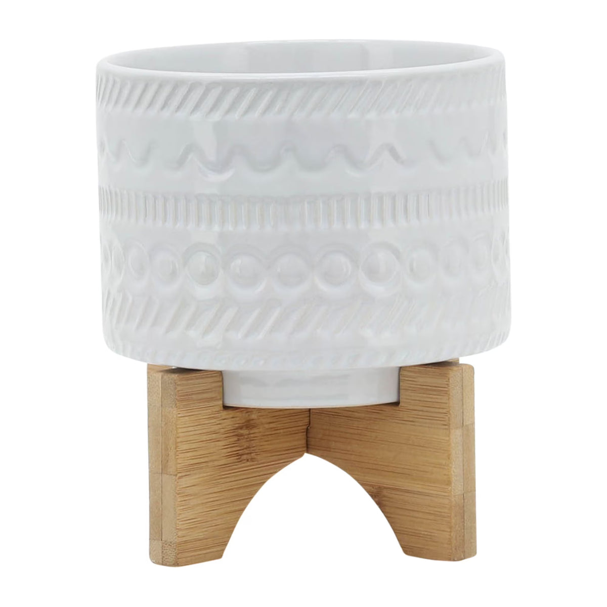 White Ceramic Round Planter with Wood Stand R39906