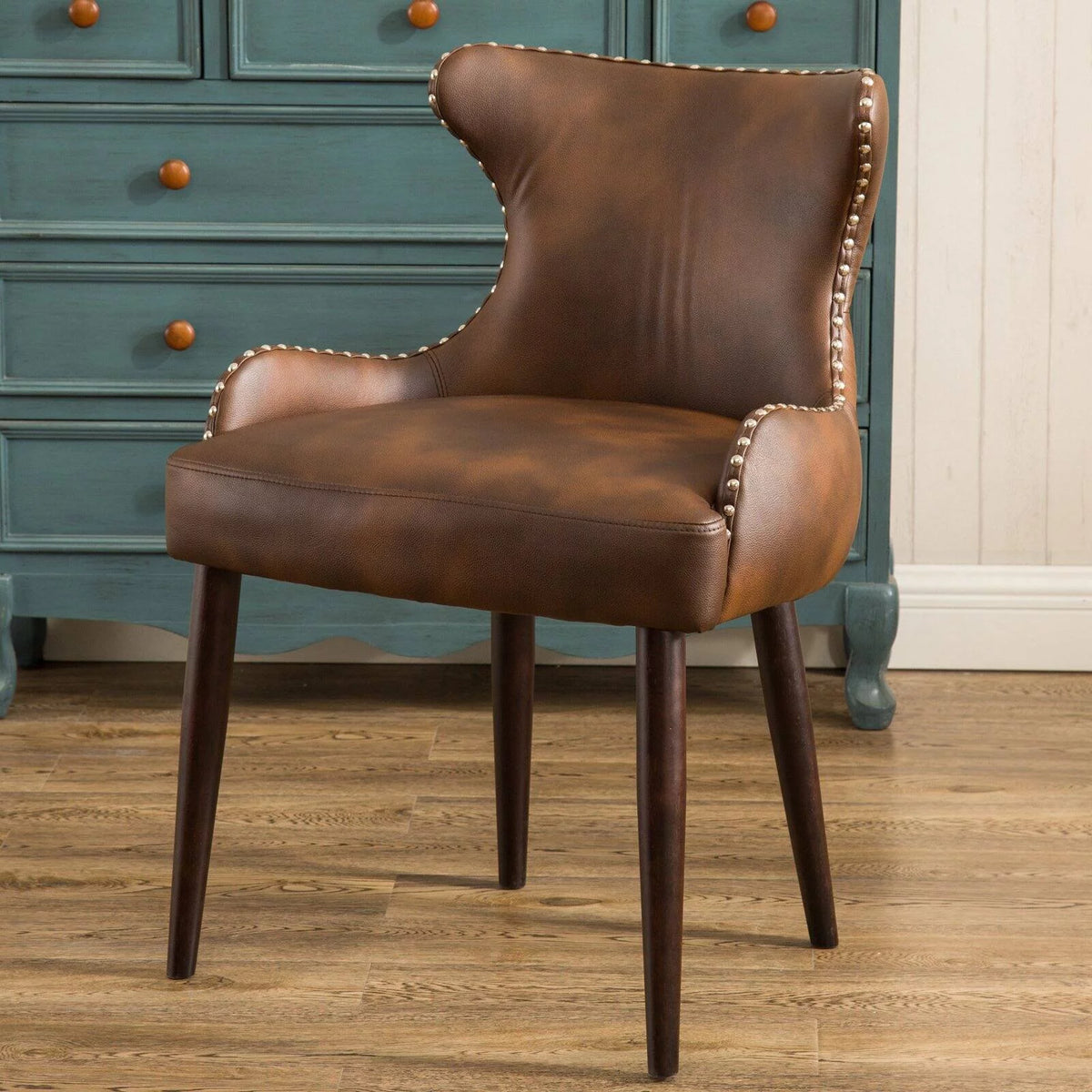 Tufted Button Back Barrel Chair with Nailhead in Brown V2226