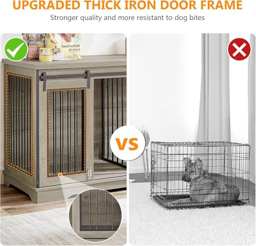 Grey 60.6 Inch Double Dog Crate Furniture with Divider B1190