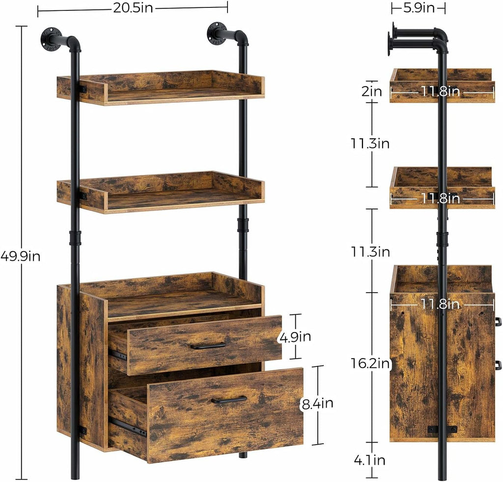 Industrial Bookshelf with 2 Wood Drawers, Wall Mounted 3-Tier Bookcase, Rustic Brown C9893