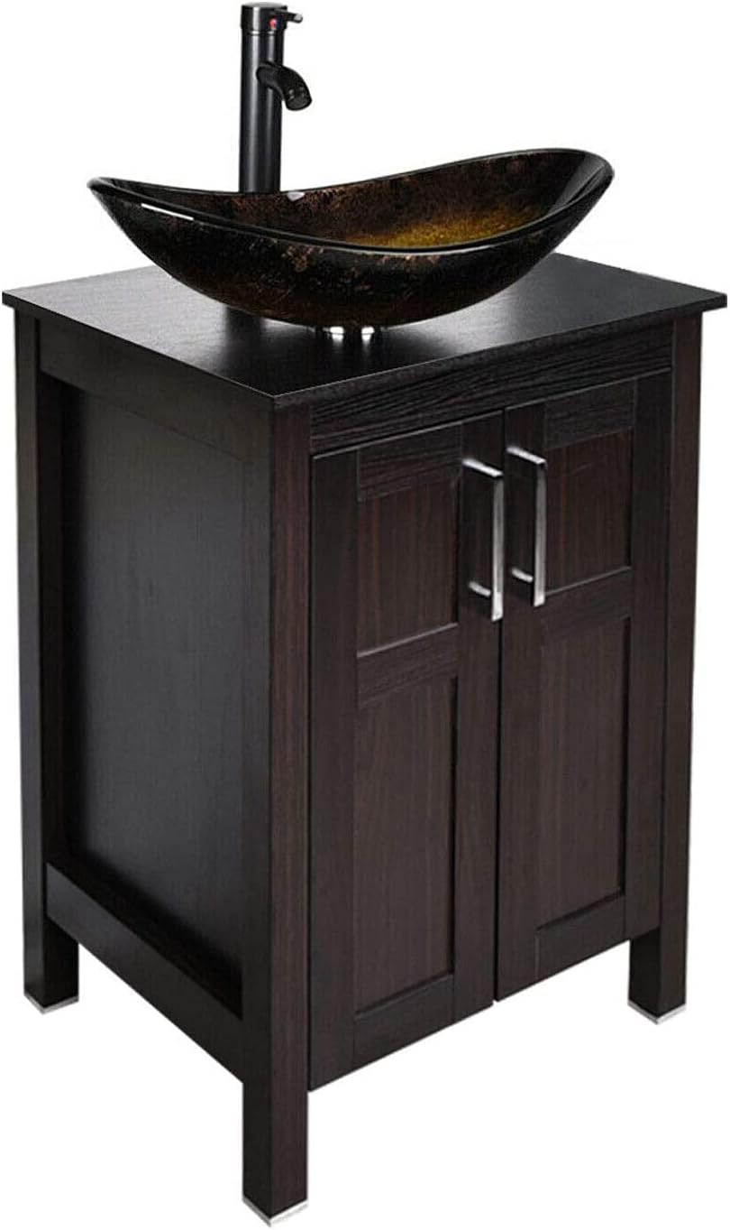Dark Coffee 24 Inches Single Bathroom Vanity with 2-Door Cabinet and Tempered Glass Sink Top D63213